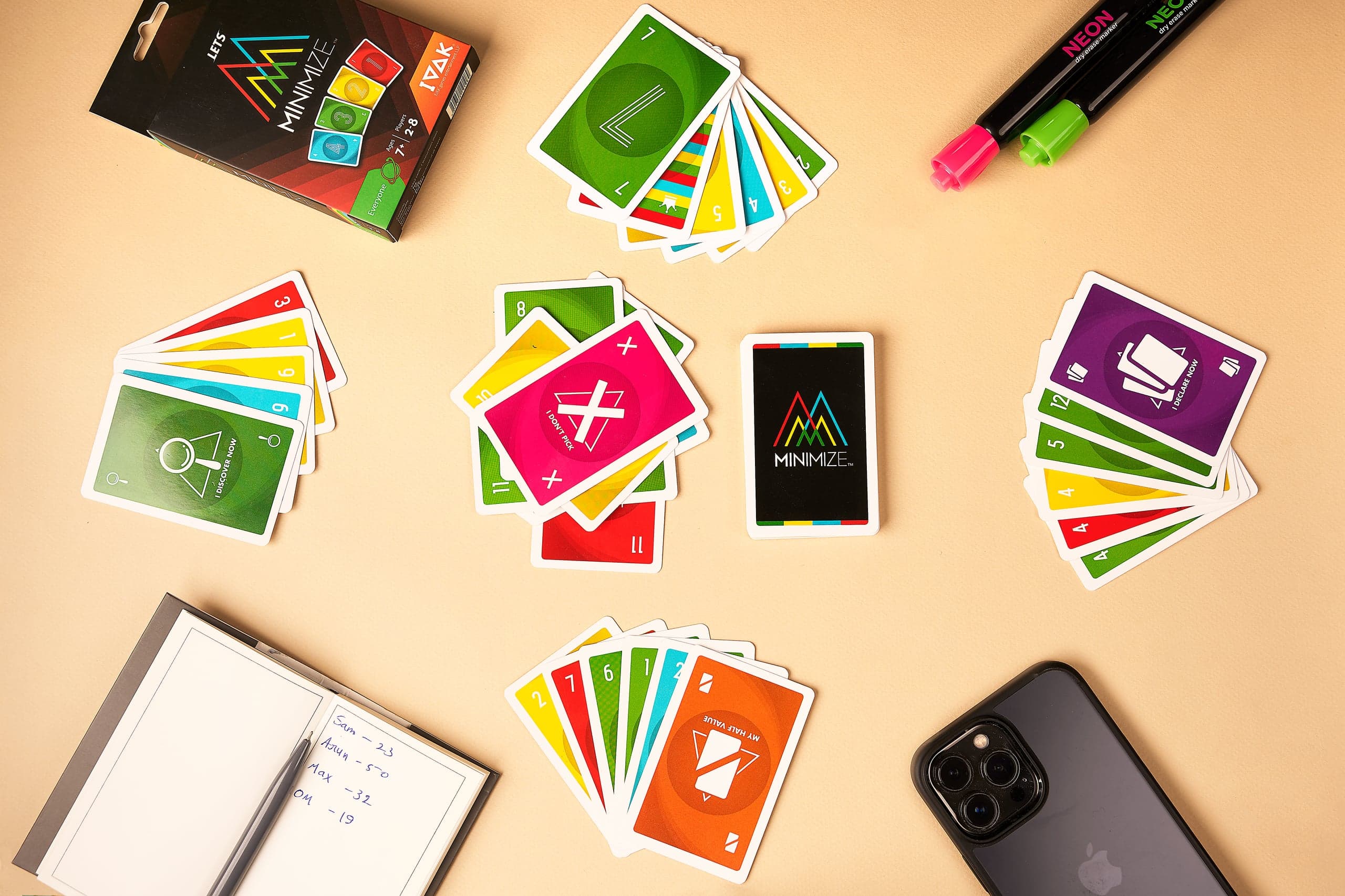 Overhead view of a Minimize game in progress with a scorepad